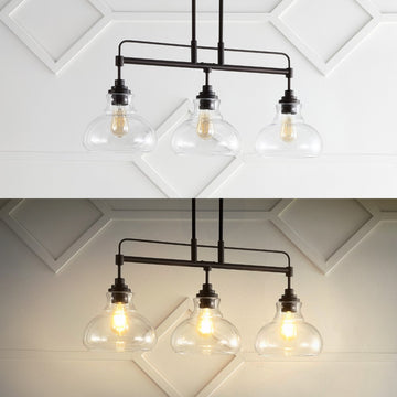 Marlowe 32.5" Farmhouse Industrial Iron/Glass Linear LED Pendant - JONATHAN Y